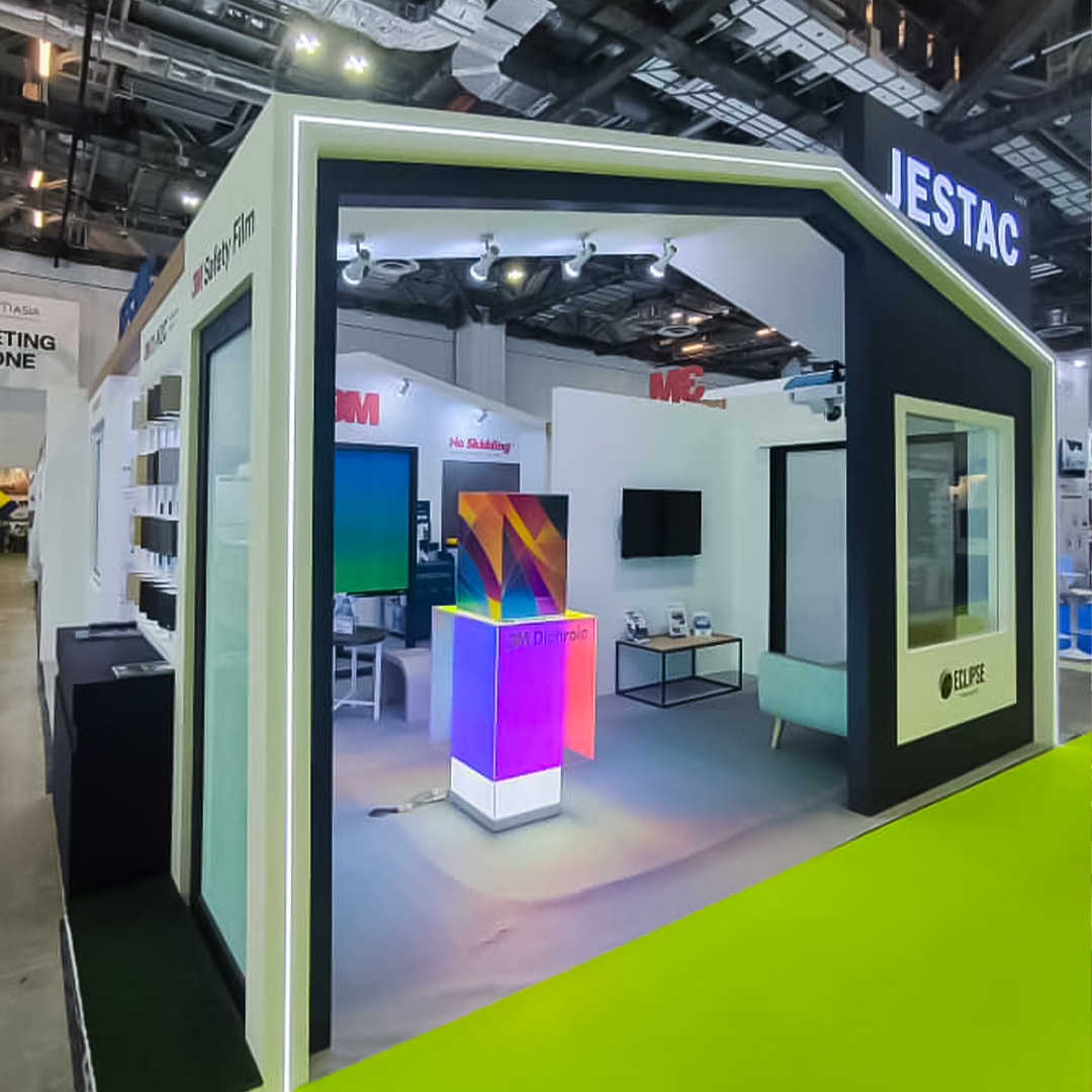 Modern exhibition booth design and build Singapore for Jestac at BEX Asia, showcasing custom trade show booth fabrication.