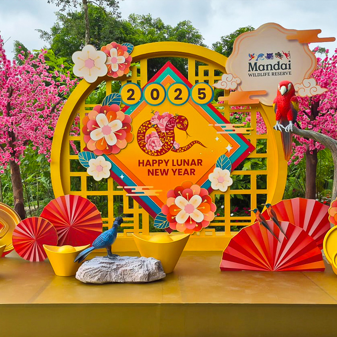 Chinese New Year festive installation for Mandai Wildlife Reserve, designed and fabricated by event fabrication Singapore specialist.