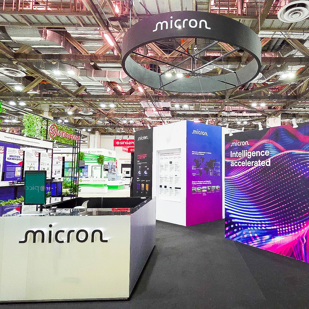 Custom exhibition booth design Singapore for Micron at Semicon, showcasing corporate trade show booth fabrication, experiential marketing, and high-impact brand storytelling.